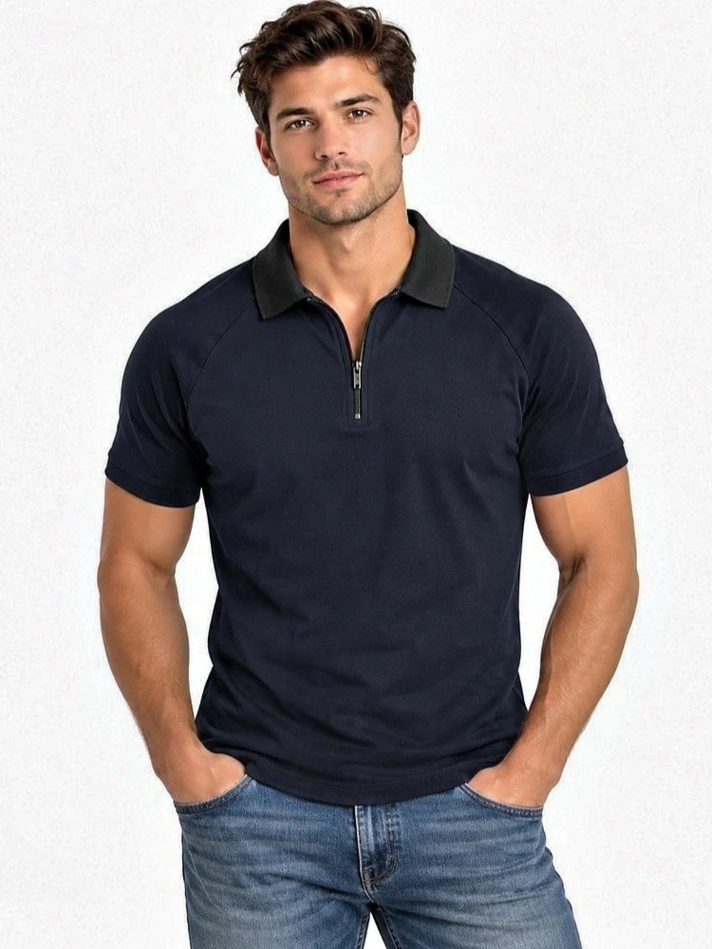 HUGO Men's Quarter-Zip Polo in Navy Blue w/Black Collar-Large